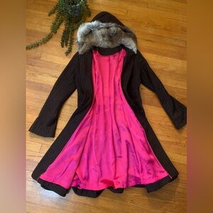 Vintage Brown Hooded Coat with Hot Pink Lining